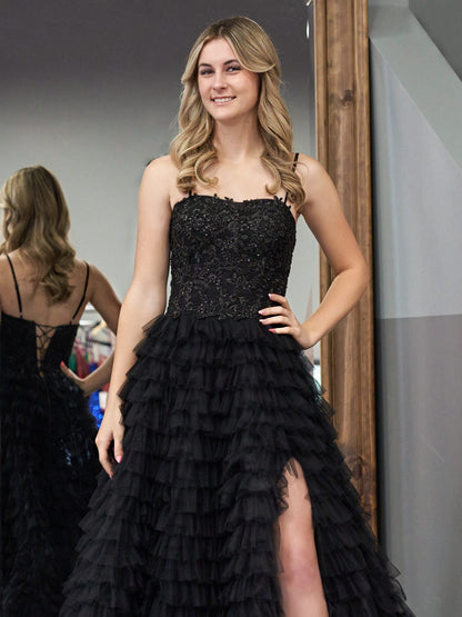 Roycebridal Jordan | Black A-Line Tiered Sequins Tulle Long Prom Dress