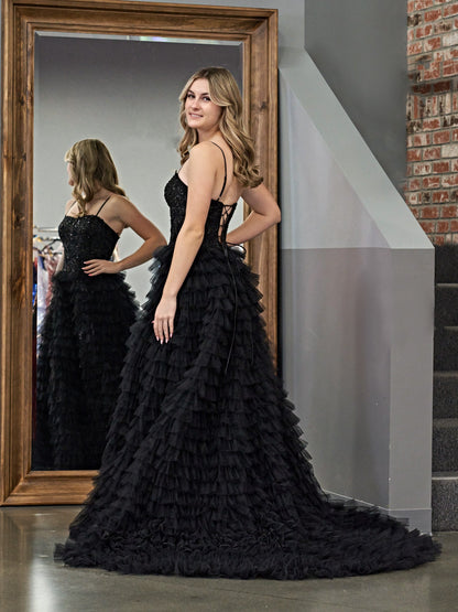 Roycebridal Jordan | Black A-Line Tiered Sequins Tulle Long Prom Dress