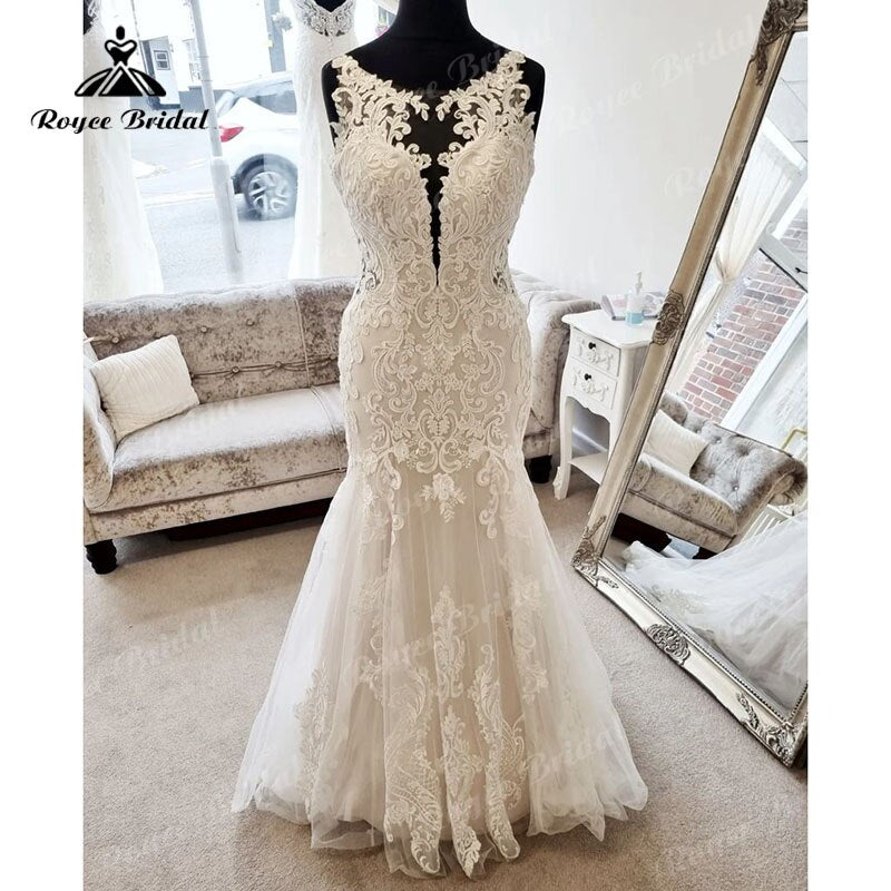 Lace Appliques Open Back Sccop Neck Sweep Train Mermaid/Trumpet Wedding Dress 2023 Bridal Wedding Gowns for Women Custom Made