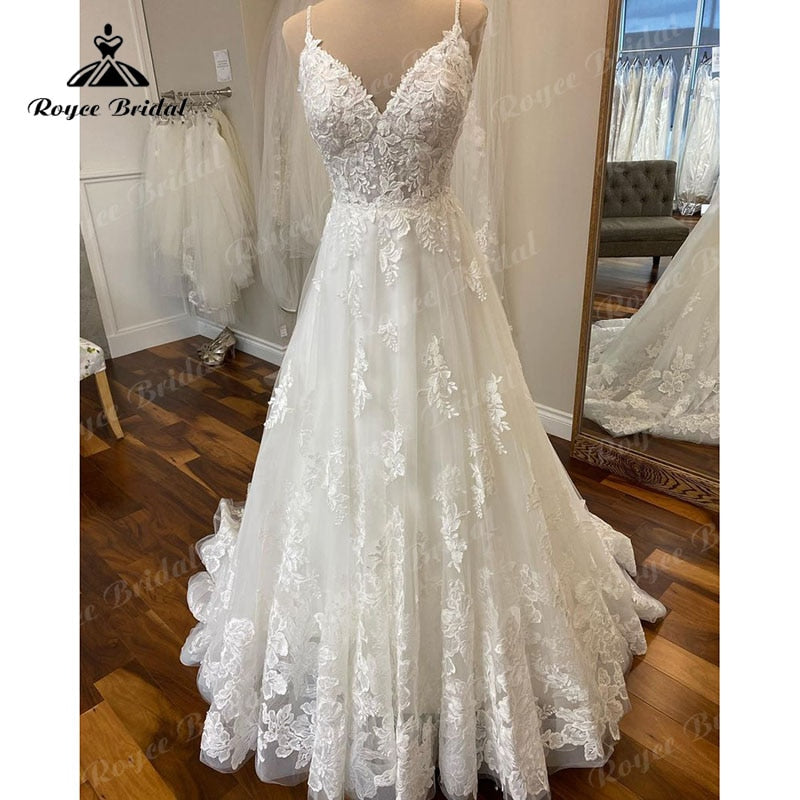 Lace Appliques V Neck Spaghetti Straps Boho A Line Wedding Dress 2023 Vintage Beach Bridal Gowns Custom Made Vestidos De Fiesta