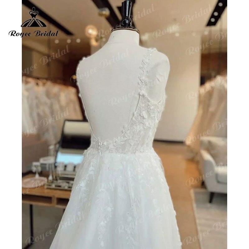 Lace Floral Boho Spaghetti Straps Backless Wedding Dress Square Collar Tulle 2023 Robe Maxi Bridal Beach Wedding Gowns Custom
