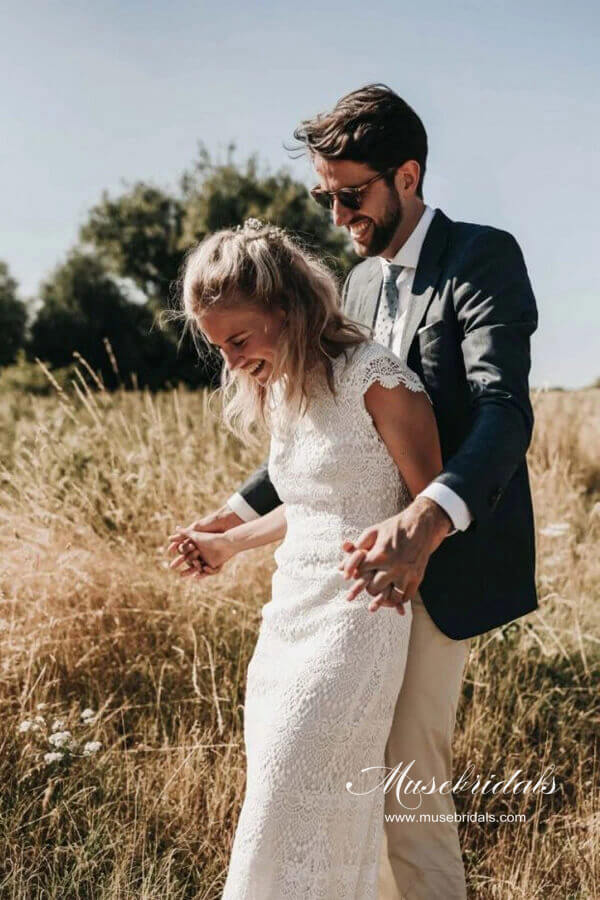 Lace Boho Mermaid Backless Cap Sleeve Bohemian Wedding Dresses MW265 | lace wedding dress | wedding dresses online | beach wedding dress | musebridals.com