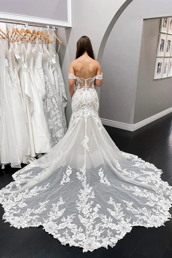 Lace Mermaid Off-the-Shoulder Vintage Wedding Dresses, Bridal Gown, MW834 | mermaid wedding gown | wedding dresses online | wedding dress stores | musebridals.com
