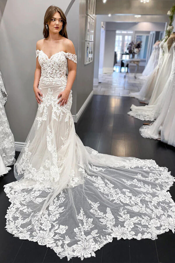 Lace Mermaid Off-the-Shoulder Vintage Wedding Dresses, Bridal Gown, MW834 | cheap lace wedding dresses | mermaid wedding dresses | lace wedding dress | musebridals.com
