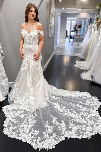 Lace Mermaid Off-the-Shoulder Vintage Wedding Dresses, Bridal Gown, MW834 | cheap lace wedding dresses | mermaid wedding dresses | lace wedding dress | musebridals.com