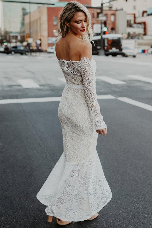 Lace Mermaid Off Shoulder High Low Long Sleeves Wedding Dresses, MW1025 | cheap wedding dress | bridal gown | beach wedding dress | musebridals.com