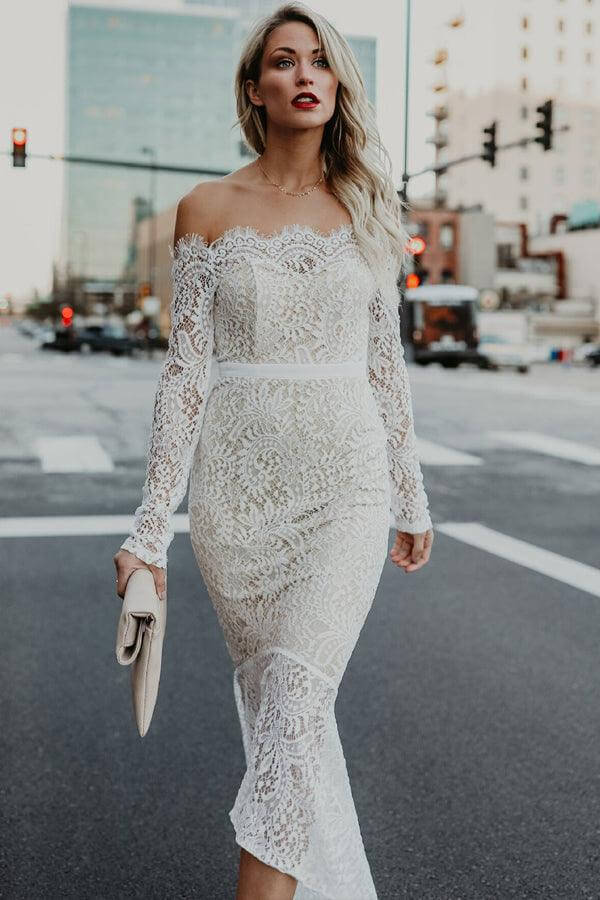 Lace Mermaid Off Shoulder High Low Long Sleeves Wedding Dresses, MW1025 | mermaid lace wedding dress | bohemian wedding dress | simple wedding dress | musebridals.com