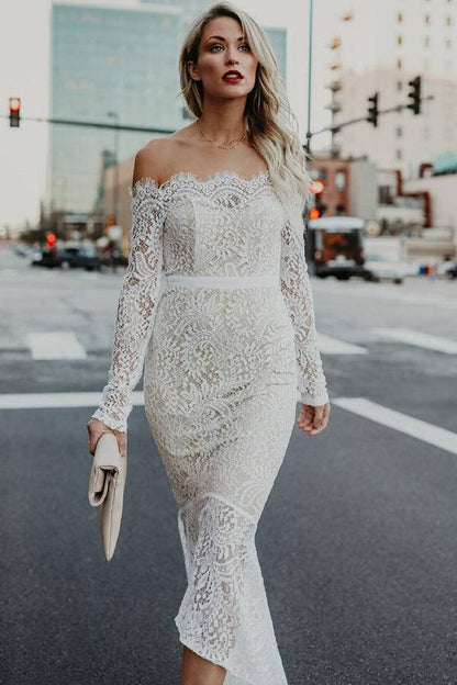 Lace Mermaid Off Shoulder High Low Long Sleeves Wedding Dresses, MW1025 | mermaid lace wedding dress | bohemian wedding dress | simple wedding dress | musebridals.com