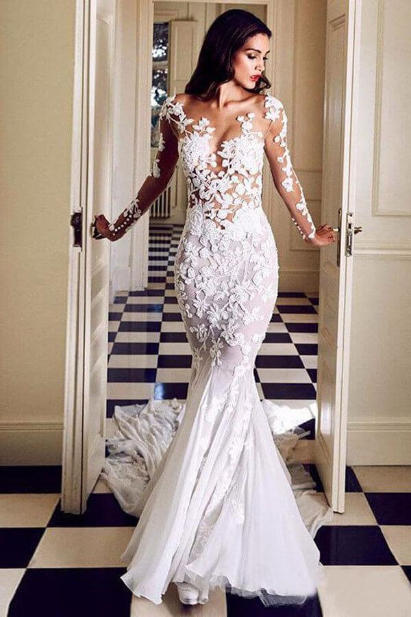 Lace See Through Mermaid Long Sleeves Wedding Dresses, Bridal Dress, MW522 | long sleeves wedding dresses | white wedding dresses | lace wedding dresses | wedding gowns | www.musebridals.com