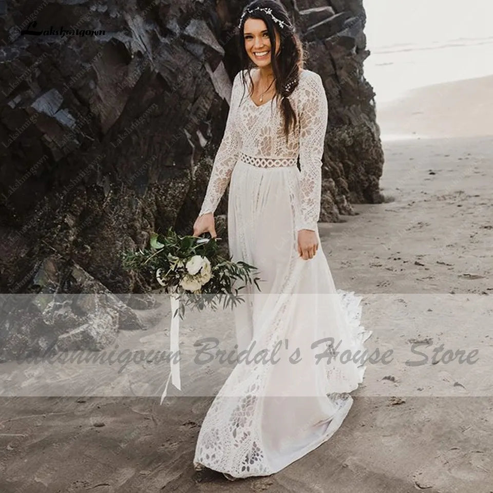 Lakshmigown Hippie Lace Long Sleeve Dress Bridal Robe Sexy A Line Boho Wedding Dresses 2021 Plus Size Women Beach Wedding Gowns