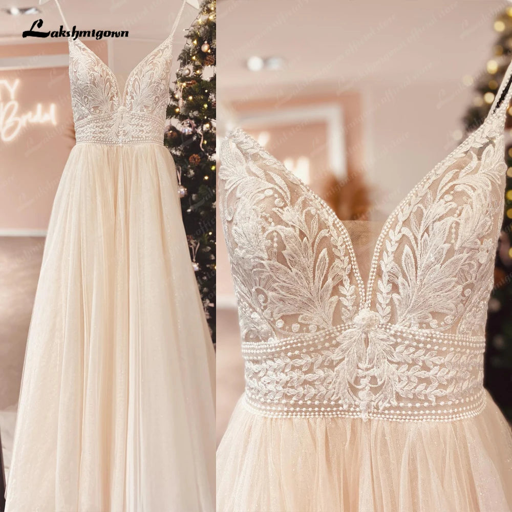 Roycebridal Spaghetti Straps Champagne Boho Wedding Dress For Women 2025 Vestido Civil Bridal Church Wedding Gowns suknie slubne
