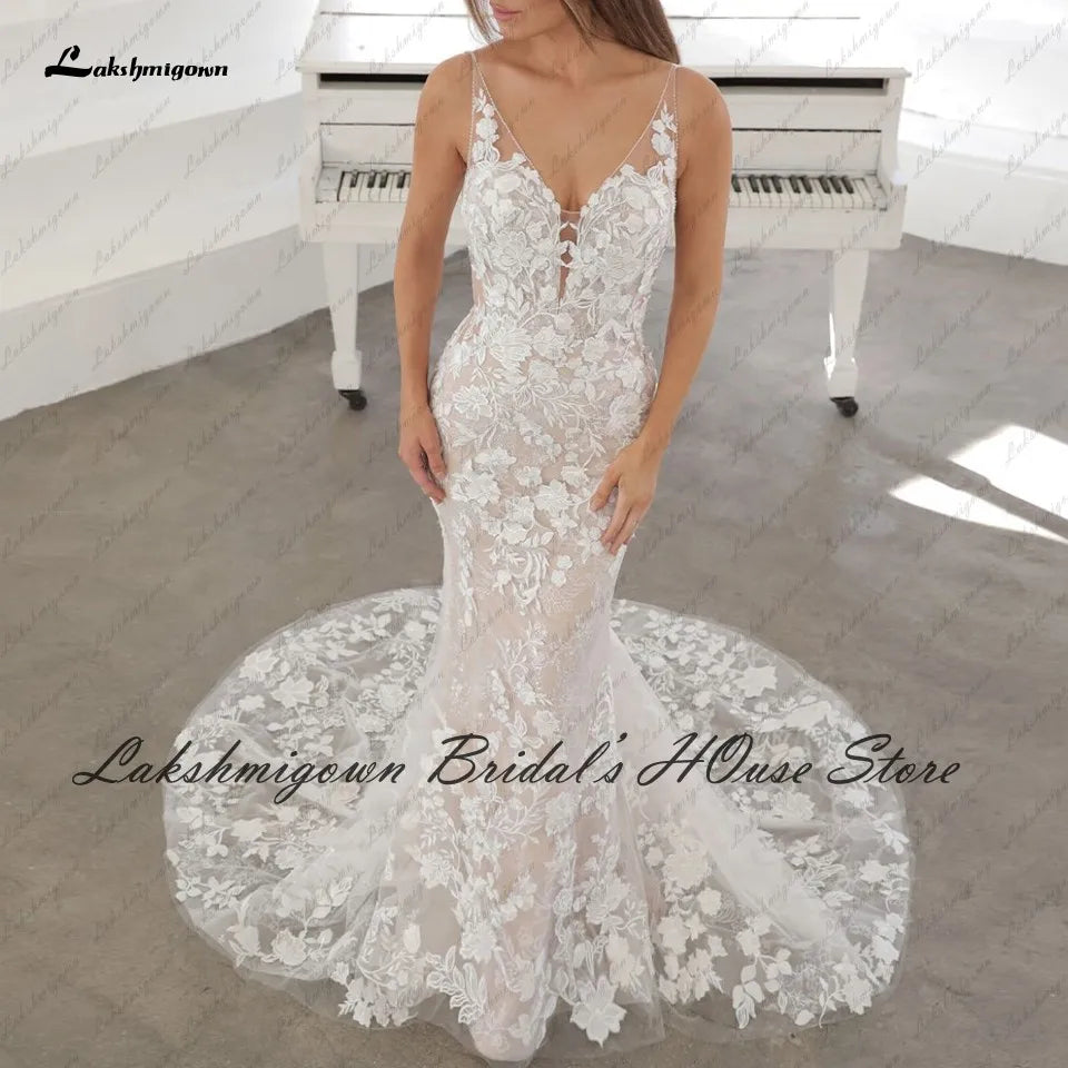 Lakshmigown Vintage Spitze 2 in 1 Meerjungfrau Brautkleider Sexy Rückenfreies Brautkleid Vestido Largo Boda Abnehmbarer Rock 
