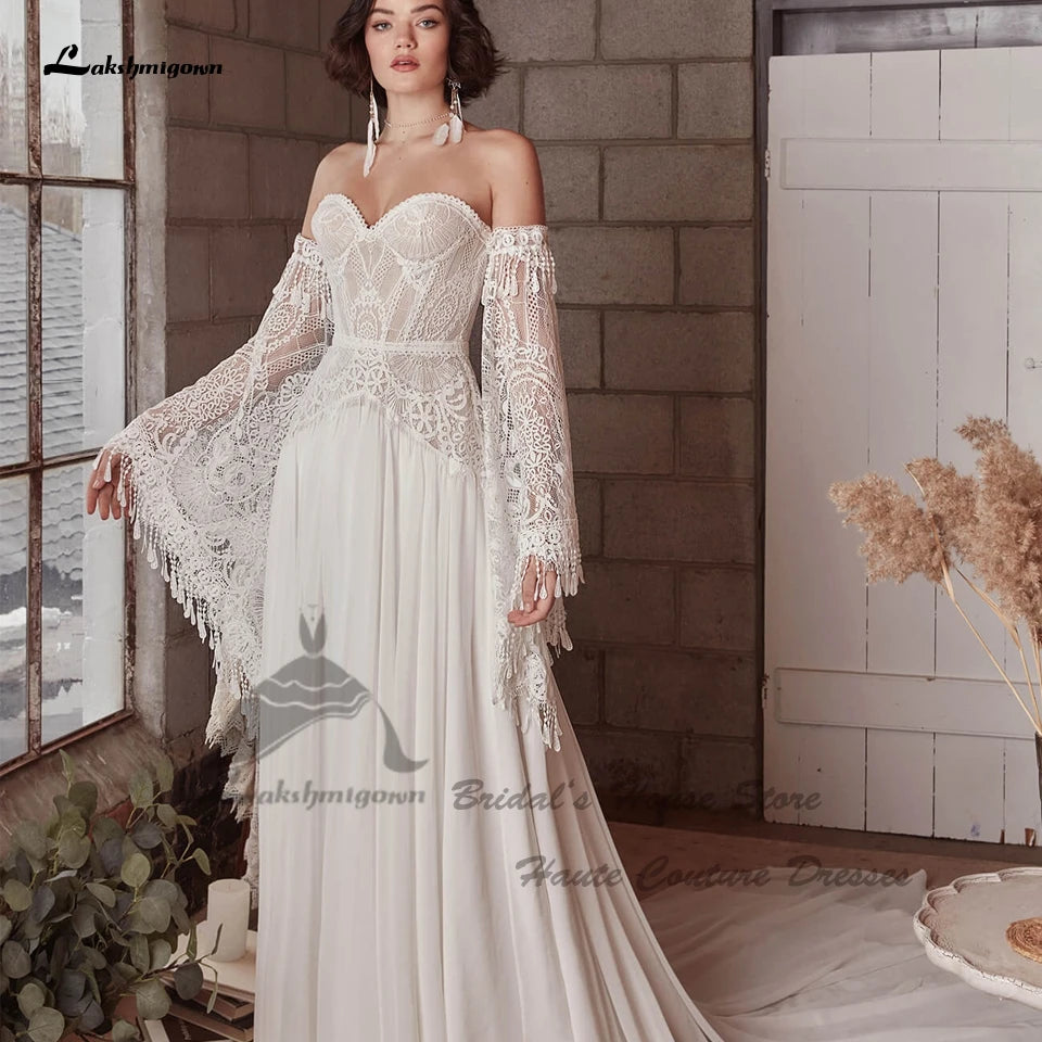 Roycebridal Vintage Lace Boho Wedding Dress Detachable Long Sleeve 2025 Robe Longue Chic Bridal Gowns Off the Shoulder