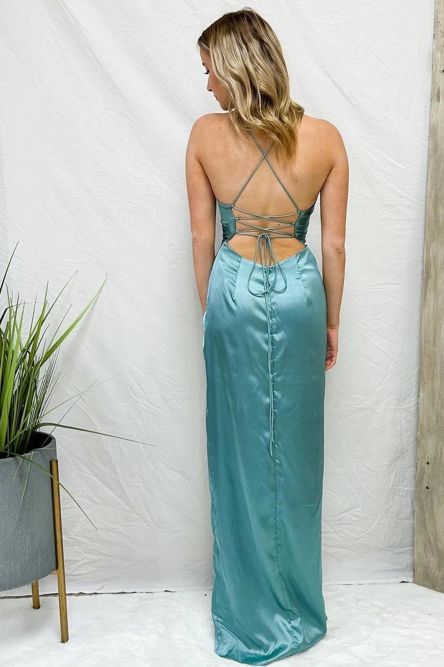 Roycebridal Danielle | Light Blue Cowl Neck Twist Knot Pleated Long Prom Dress With Slit