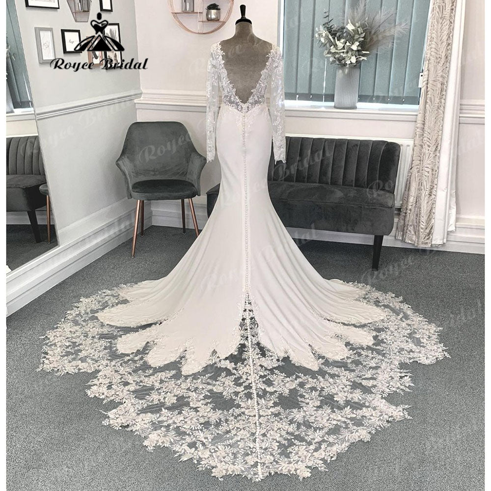 Long Sleeve Lace Court Train Mermaid/Trumpet Wedding Dress for Women 2024 Soft Satin Bridal Gown vestido para boda playa Sexy