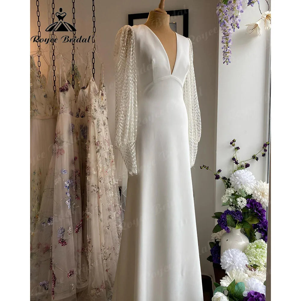 Long Sleeve Lace Soft Satin V Neck Open Back Wedding Dress Women 2024