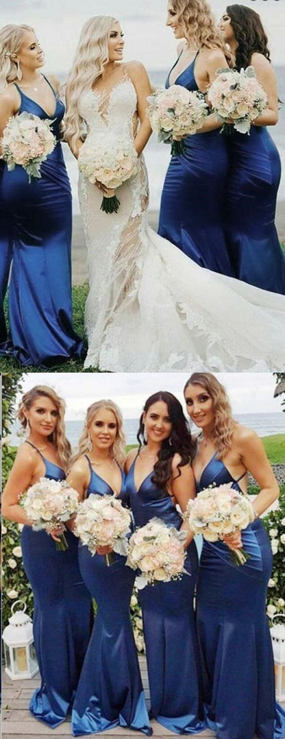 Roycebridal Long Mermaid V Neck Custom Blue Bridesmaid Dresses