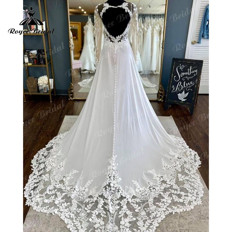 Luxury Boho V Neck Long Sleeve Lace Appliques Wedding Dress Open Back  A Line Beach vestido de novia sin espalda Bridal Gowns
