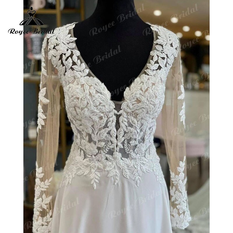 Luxury Boho V Neck Long Sleeve Lace Appliques Wedding Dress Open Back  A Line Beach vestido de novia sin espalda Bridal Gowns