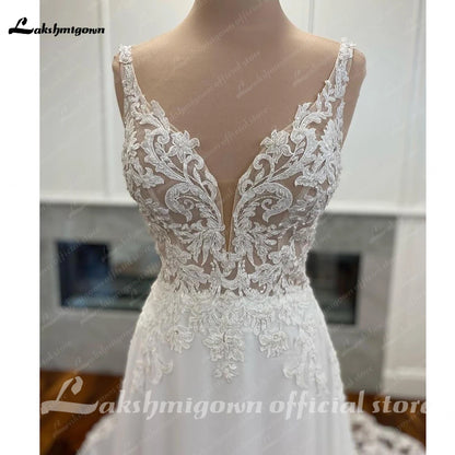 Luxury Civil Chiffon Wedding Gowns Open Back Vintage Bridal Boho Long Wedding Dresses Lace Appliques V neck Vestido Boda