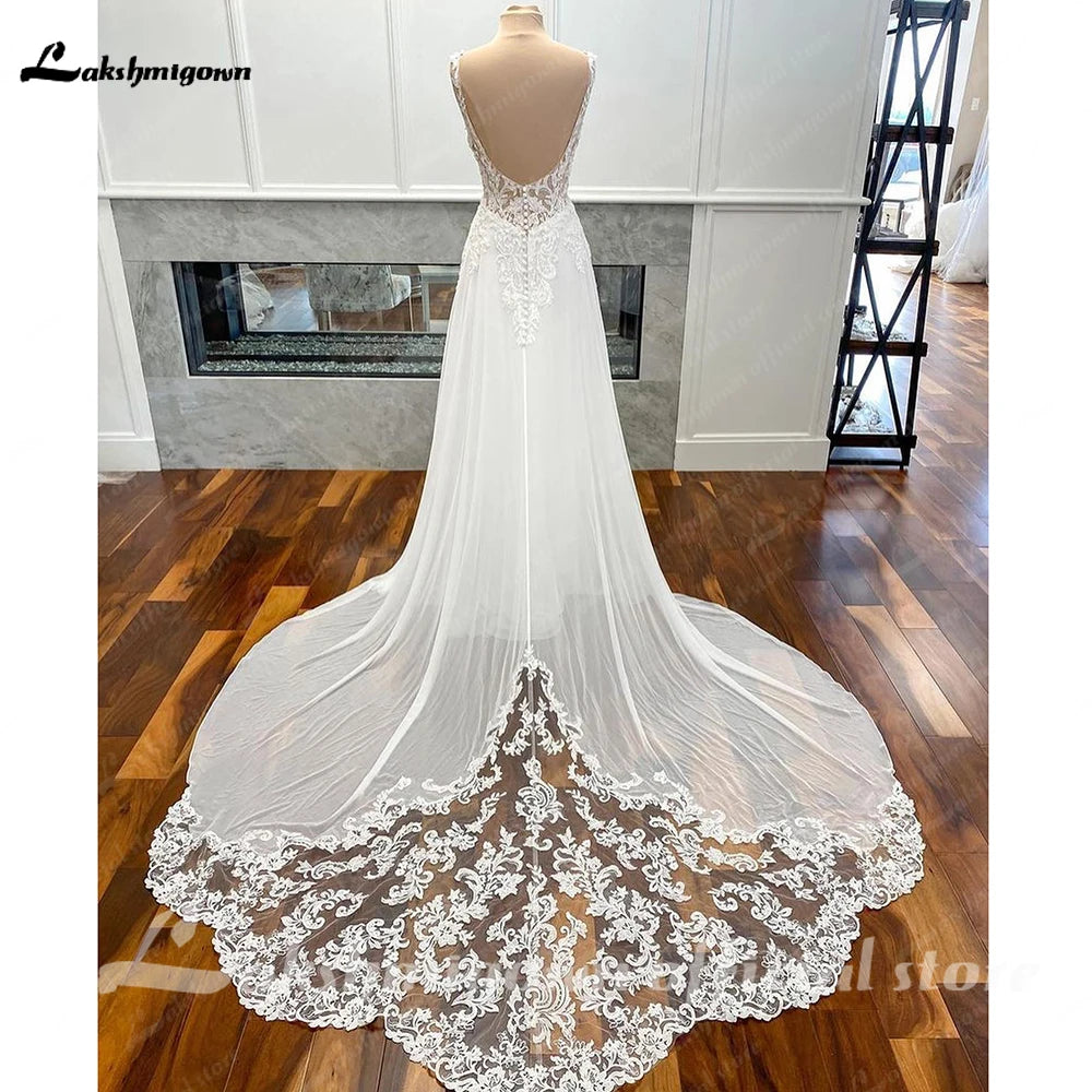 Luxury Civil Chiffon Wedding Gowns Open Back Vintage Bridal Boho Long Wedding Dresses Lace Appliques V neck Vestido Boda