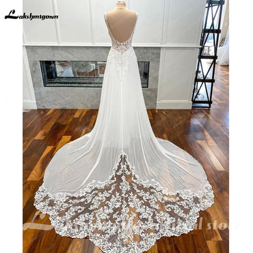 Luxury Civil Chiffon Wedding Gowns Open Back Vintage Bridal Boho Long Wedding Dresses Lace Appliques V neck Vestido Boda