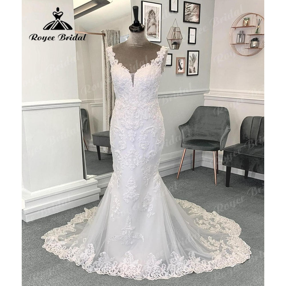 Luxury Lace Mermaid V Neck Wedding Dress Appliques 2024 Women Bridal Gown Custom Made vestido de boda corte sirena Roycebridal