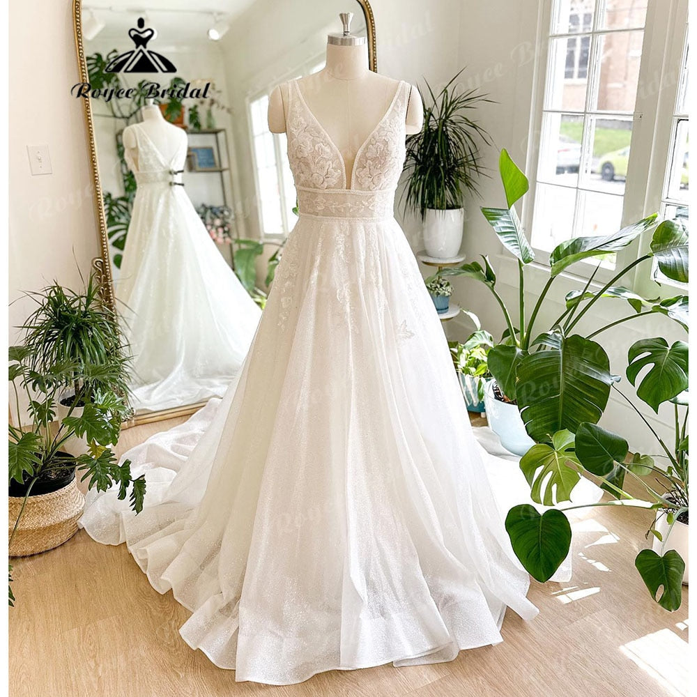 Luxury Shiny Glitter Plunging V Neck Lace Wedding Dress for Women 2023 Sleeveless Bridal Gown Custom Made vestido de casamento
