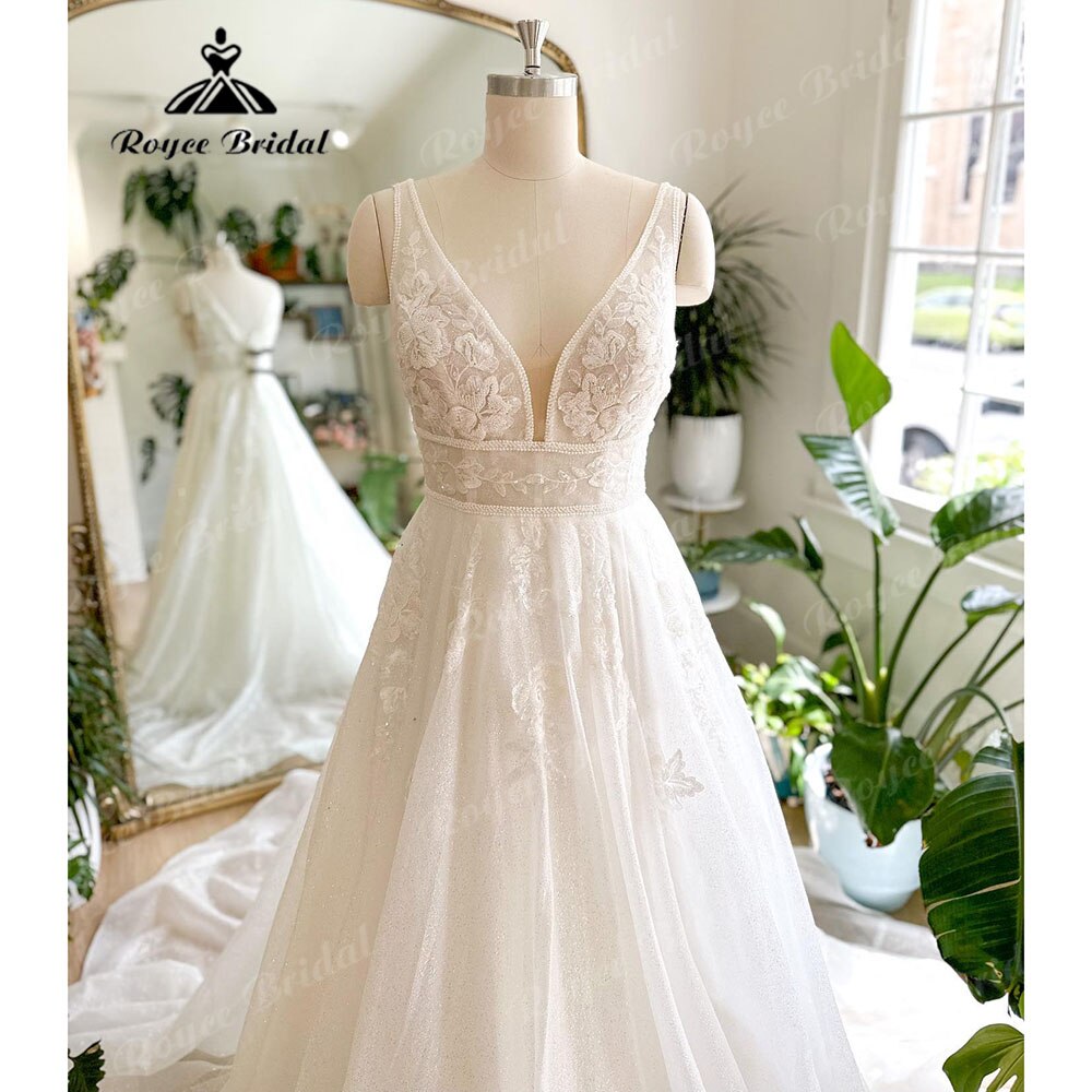 Luxury Shiny Glitter Plunging V Neck Lace Wedding Dress for Women 2023 Sleeveless Bridal Gown Custom Made vestido de casamento