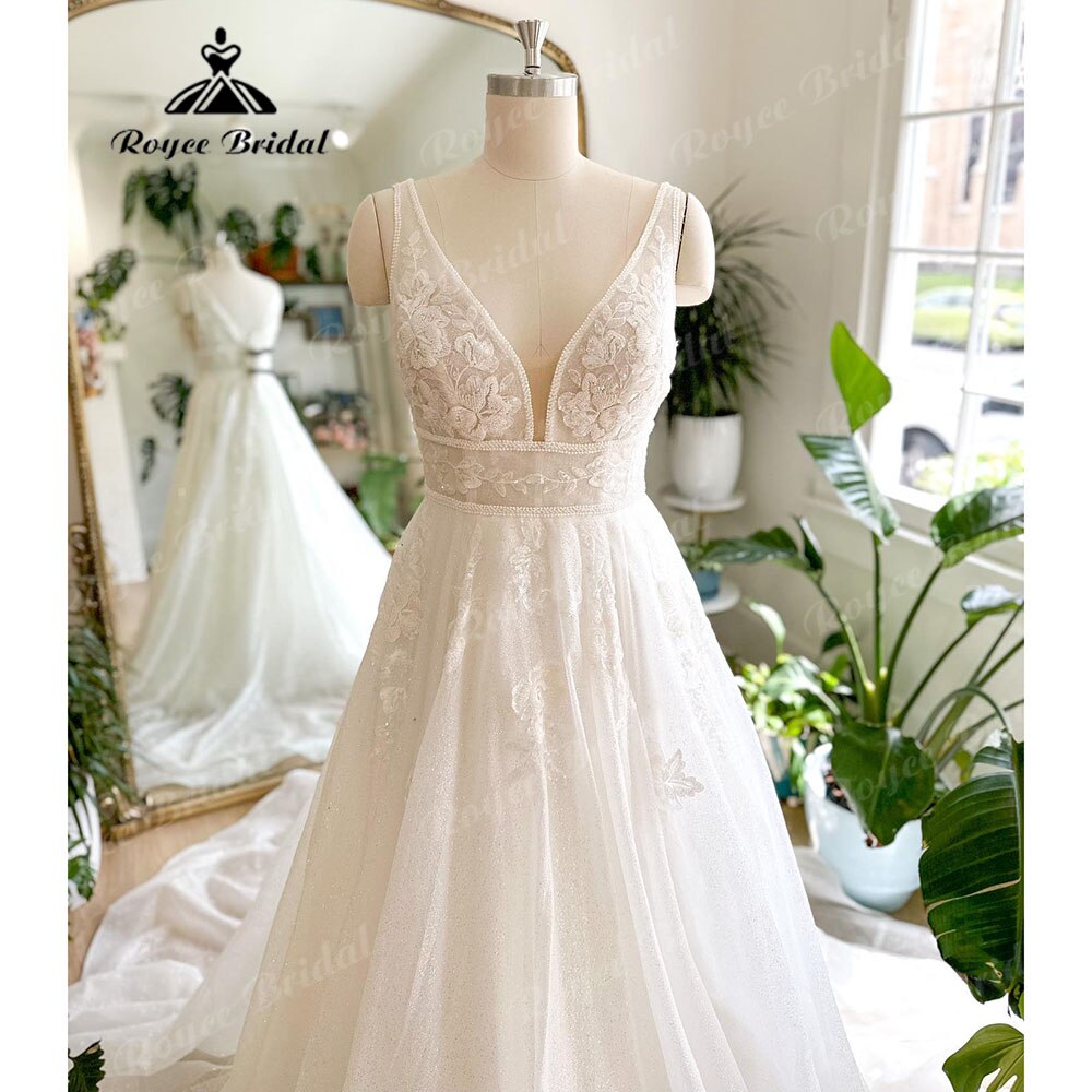 Roycebridal Luxus Shiny Glitter Tiefer V-ausschnitt Spitze Hochzeit Kleid für Frauen 2025 Ärmelloses Brautkleid Nach Maß vestido de casamento 