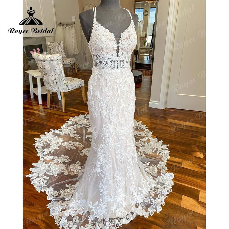 Luxury V Neck Lace Appliques Spaghetti Straps Wedding Dress Mermaid/Trumpet Court Train Vestido De Novia Wedding Gowns for Women