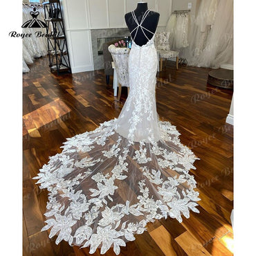 Roycebridal Luxus V-Ausschnitt Spitzenapplikationen Spaghettiträger Brautkleid Meerjungfrau/Trompete Hofschleppe Vestido De Novia Brautkleider für Frauen 