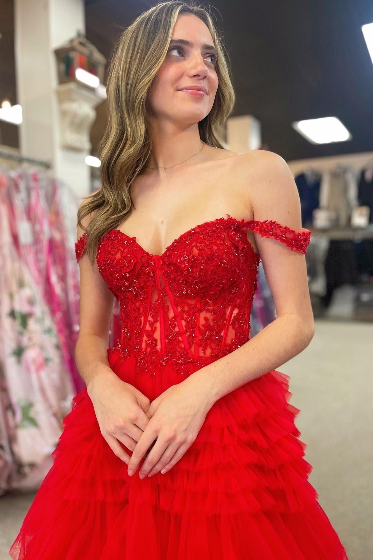 Roycebridal Elina | Red Tulle Off-the-Shoulder Ruffle Tiered