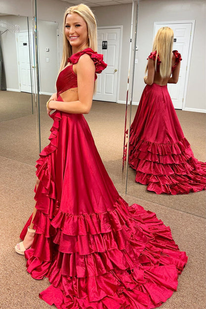 Roycebridal Brittany | Red Cutout Ruffle A-Line Long Prom Dress with Slit