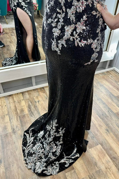 Roycebridal Charleigh | Black Sequin Appliques Spaghetti Strap Long Prom Dress with Slit