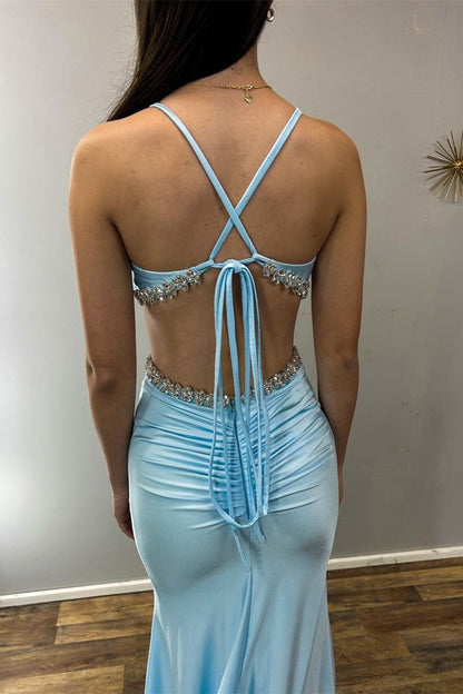 Meredith | Light Blue V-Neck Cutout Rhinestone Mermaid Long Formal Dress
