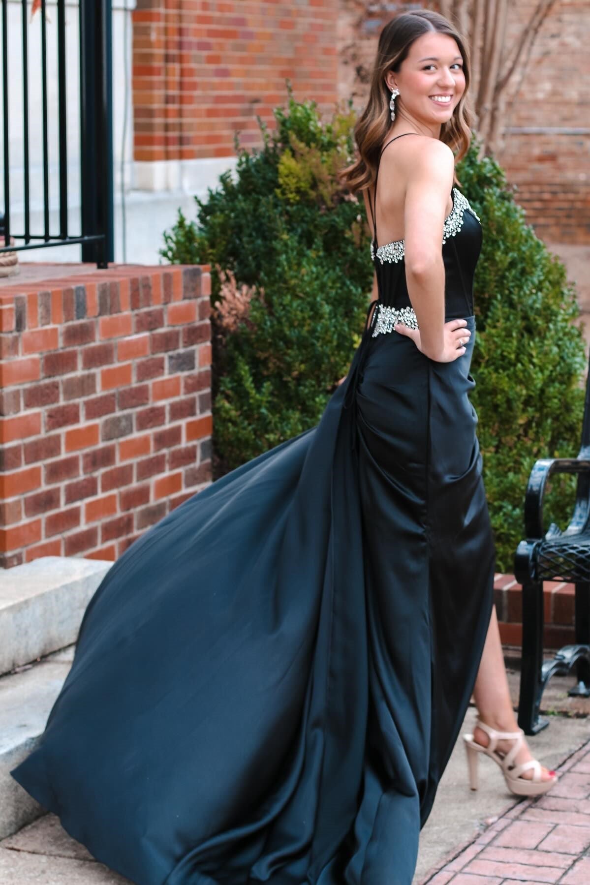 Polly | Black Rhinestone V-Neck Long Formal Dress with Attached Train