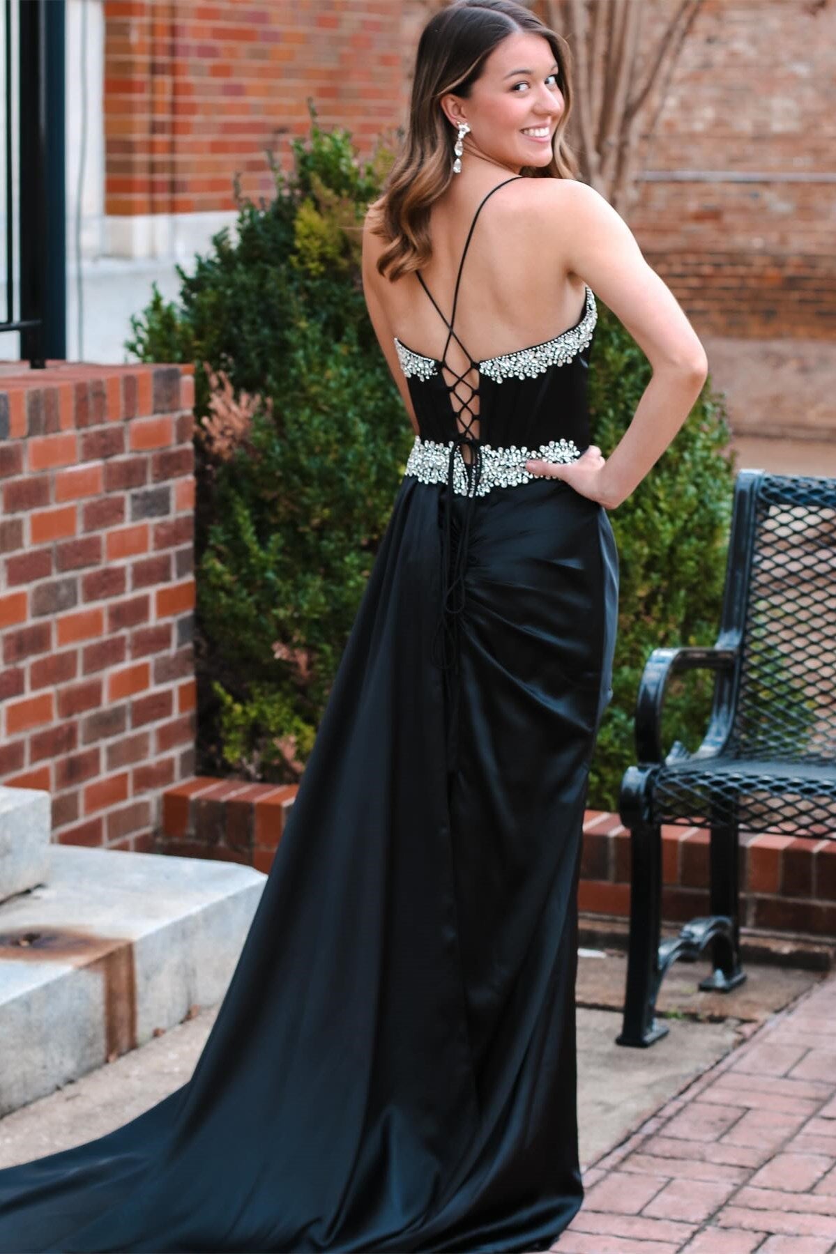 Polly | Black Rhinestone V-Neck Long Formal Dress with Attached Train