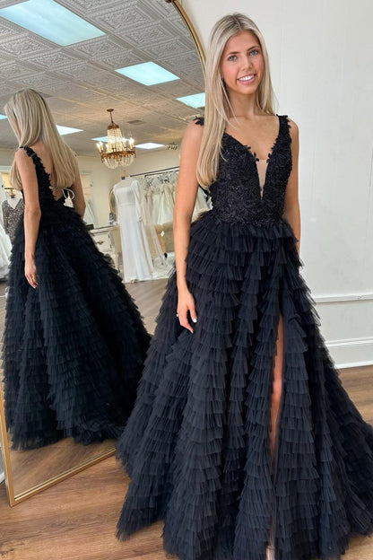 Roycebridal Yellow Plunge V Ruffle Tiered Long Prom Dress with Slit