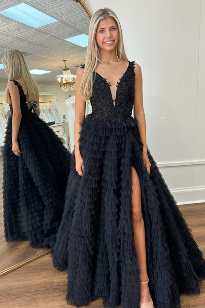 Roycebridal Yellow Plunge V Ruffle Tiered Long Prom Dress with Slit