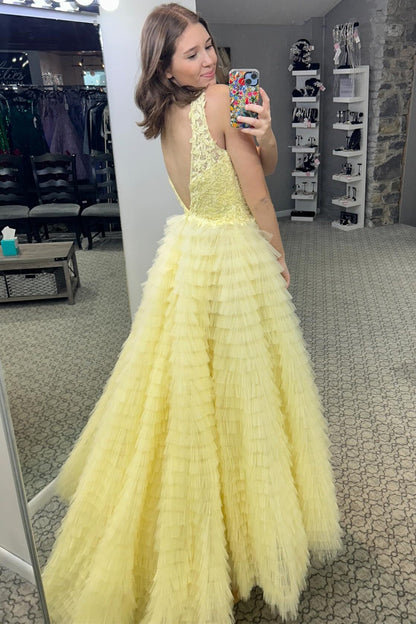 Roycebridal Yellow Plunge V Ruffle Tiered Long Prom Dress with Slit