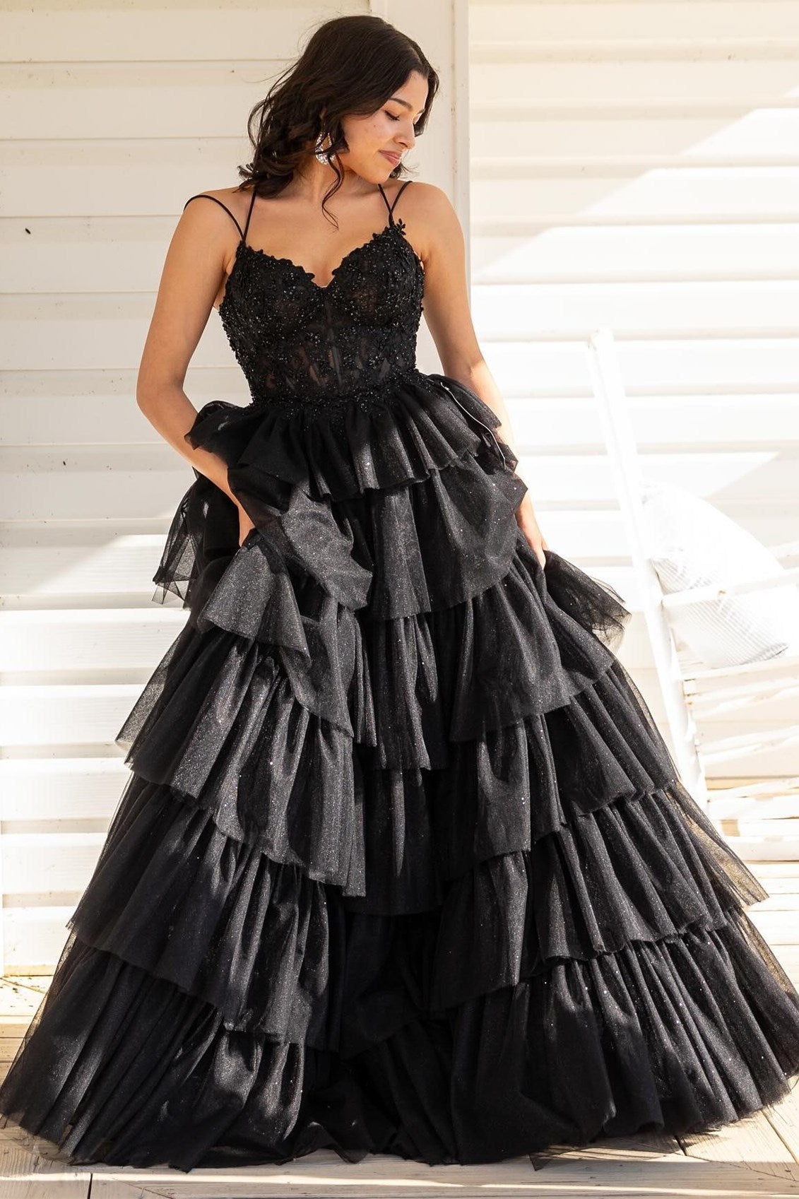 Roycebridal Tiered Ruffle Appliques Corset Long Prom Dress with Spaghetti Straps