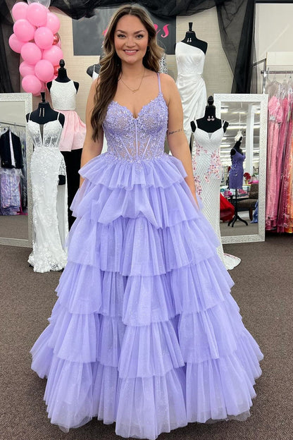 Roycebridal Tiered Ruffle Appliques Corset Long Prom Dress with Spaghetti Straps