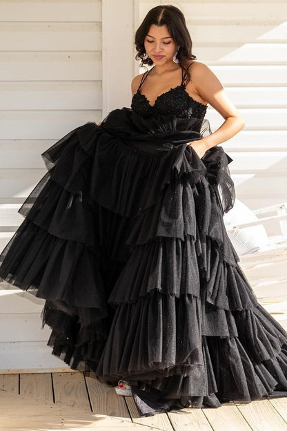 Roycebridal Tiered Ruffle Appliques Corset Long Prom Dress with Spaghetti Straps