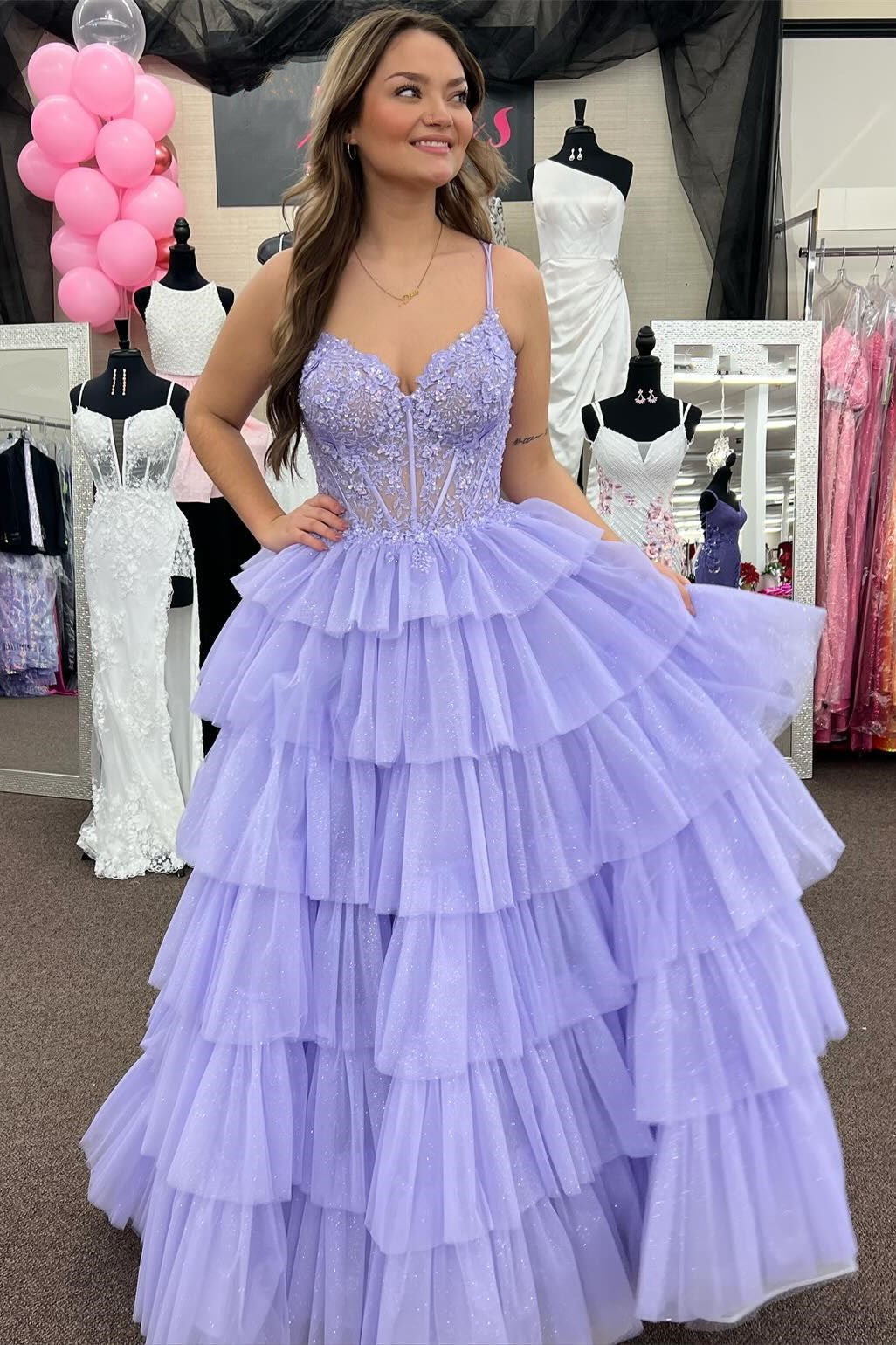 Roycebridal Tiered Ruffle Appliques Corset Long Prom Dress with Spaghetti Straps