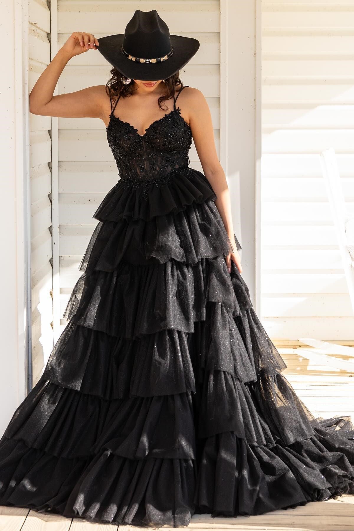 Roycebridal Tiered Ruffle Appliques Corset Long Prom Dress with Spaghetti Straps