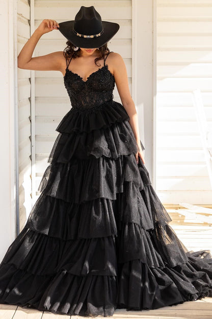 Roycebridal Tiered Ruffle Appliques Corset Long Prom Dress with Spaghetti Straps