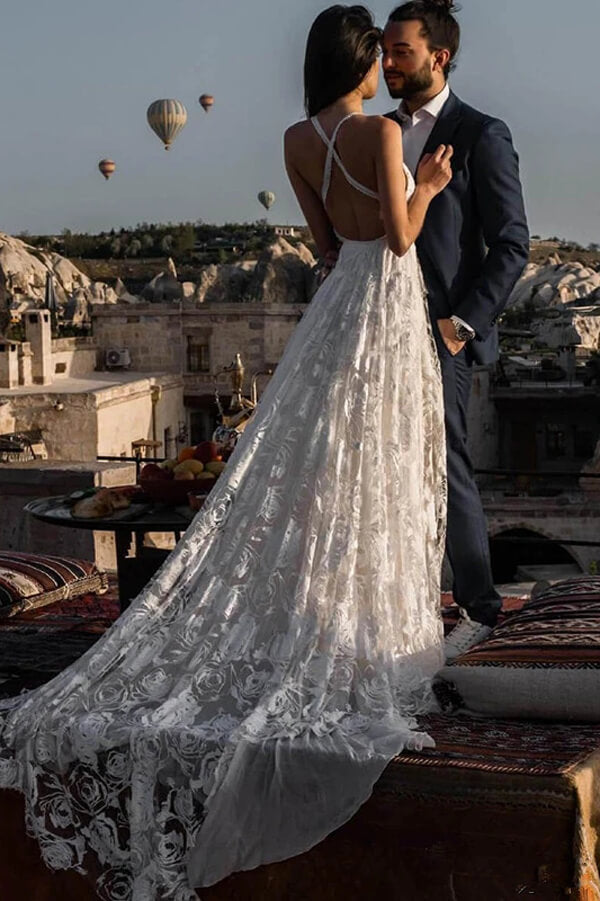 Charming Ivory Boho Lace Bohemian Long Beach Wedding Dresses Bridal Dress, MW263 | cheap wedding dresses | wedding gowns | bridal dresses | bridal gowns | beach wedding dresses | lace wedding dresses online | musebridals.com