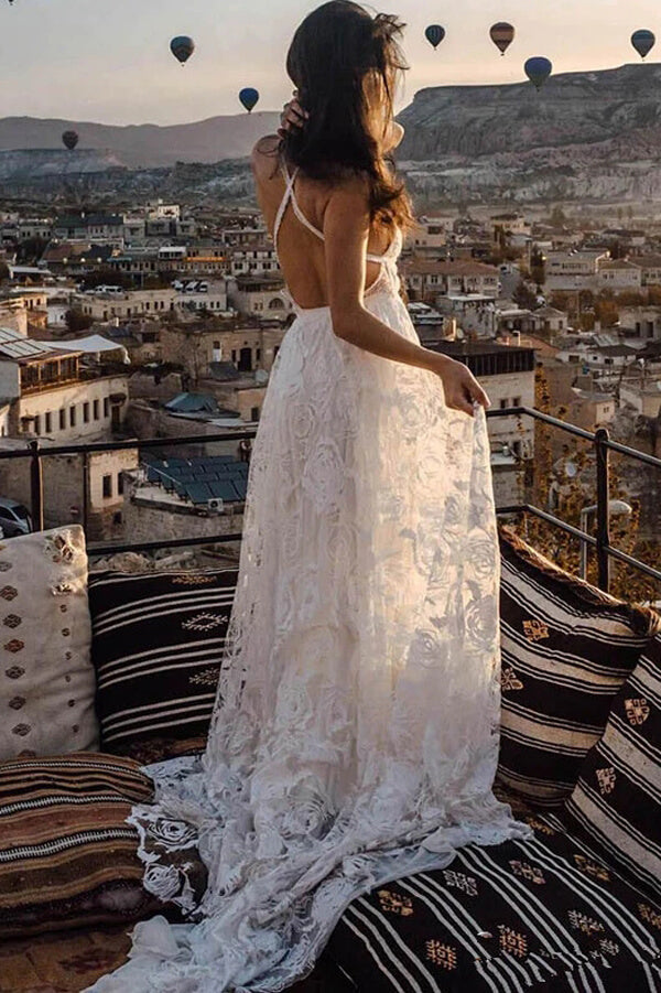 Charming Ivory Boho Lace Bohemian Long Beach Wedding Dresses Bridal Dress, MW263 | boho wedding dresses | wedding gowns | lace wedding dresses | bridal gowns | bridal dresses | cheap wedding dresses online | musebridals.com