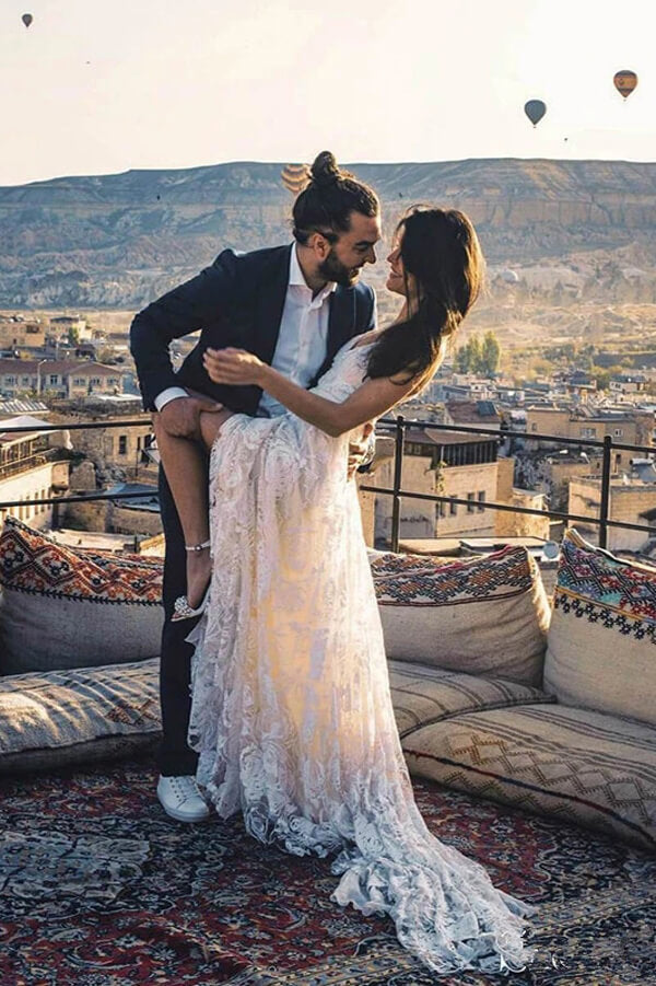 Charming Ivory Boho Lace Bohemian Long Beach Wedding Dresses Bridal Dress, MW263 | wedding dresses online | wedding dresses stores | lace wedding dresses | beach wedding dresses | bridal gowns | wedding gowns | musebridals.com